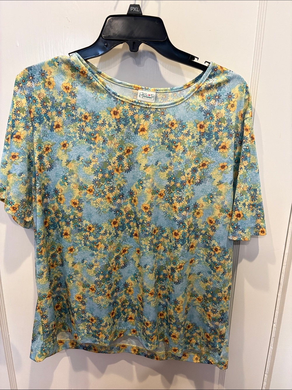 Haband Teal Blue Floral Short Sleeve Top with Yellow Flowers BN534